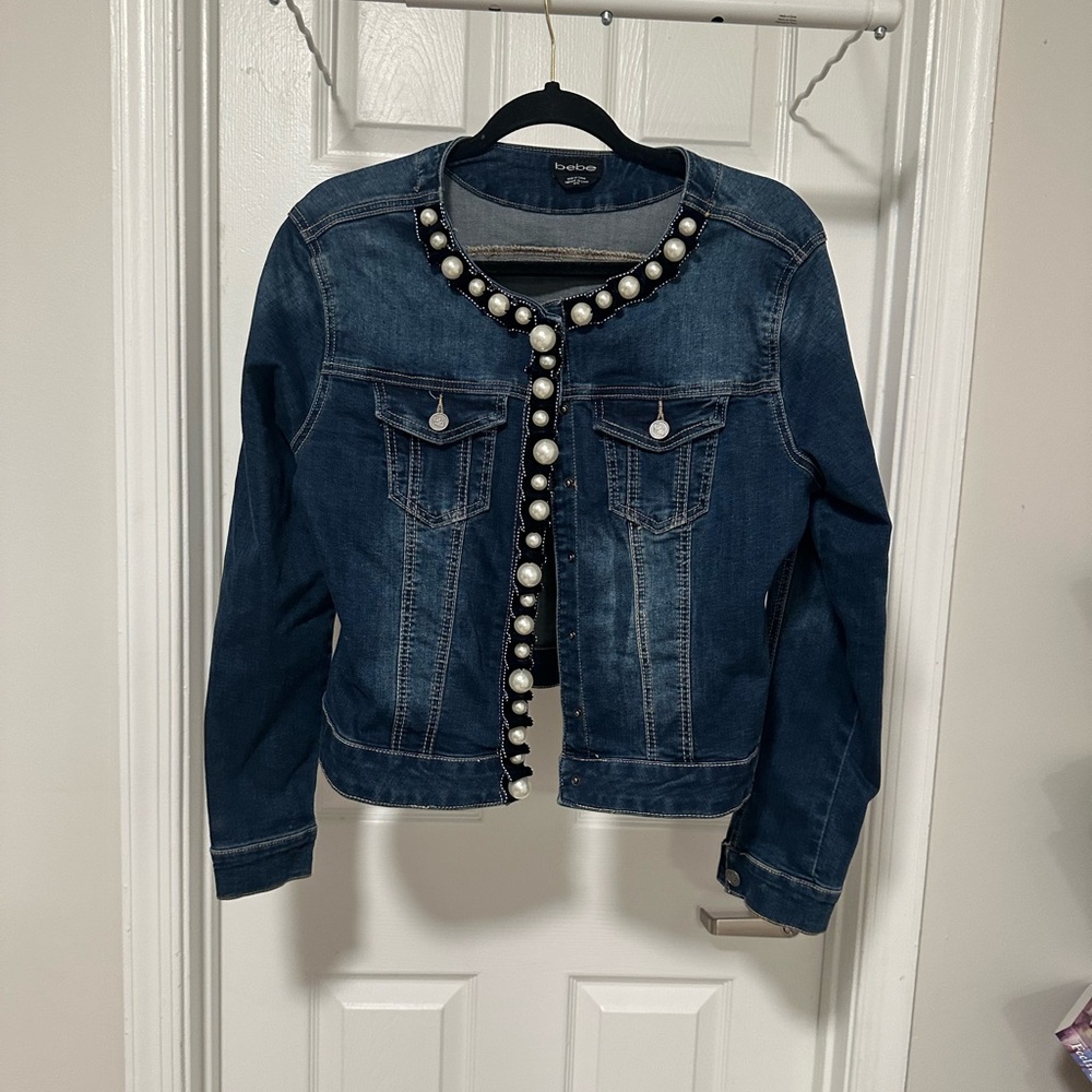 bebe Dark Blue Jean Jacket with Pearl Details